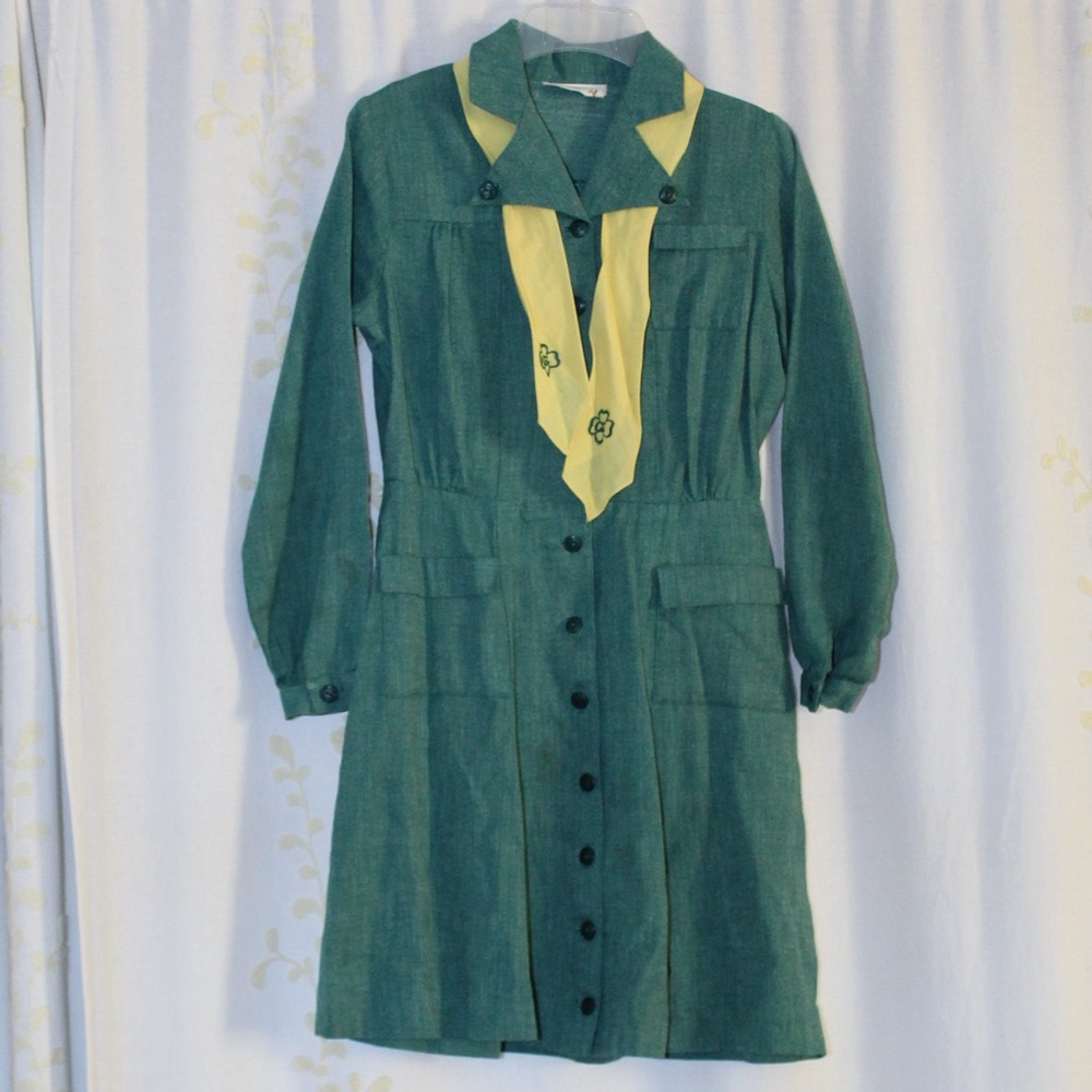 Vtg 50s Green Girl Scouts Uniform Long Sleeve Button Dress Yellow Scarf Youth M